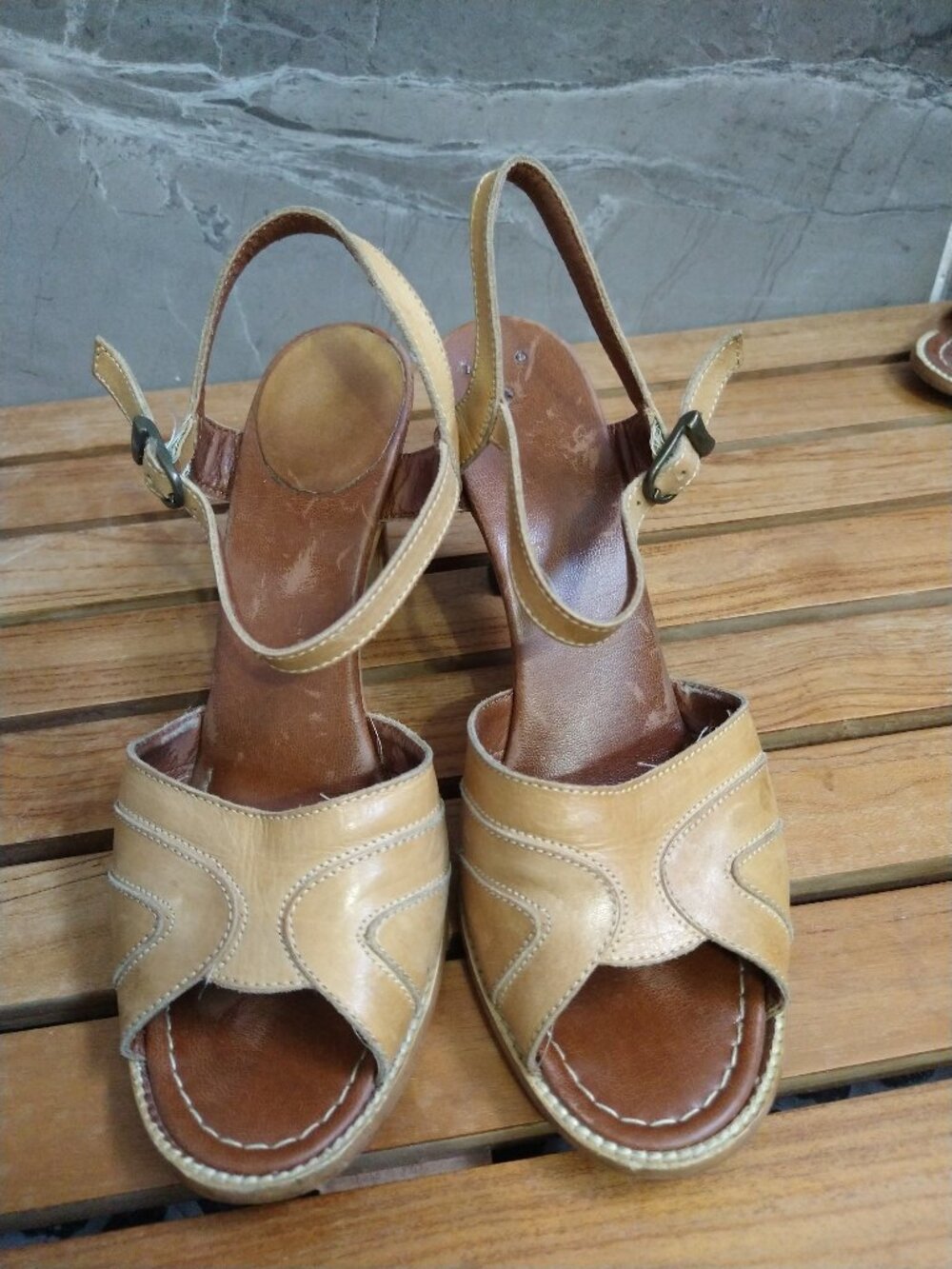 Dankso Tan Leather Peep-Toe Heel Sandals Size 9